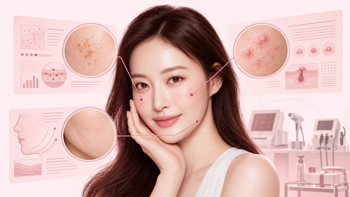 색소, 여드름, 탄력 고민이 각각 다른 확인 경로로 이어지는 장면으로 강서구피부과 상담 전 원인 확인의 중요성을 보여줍니다.