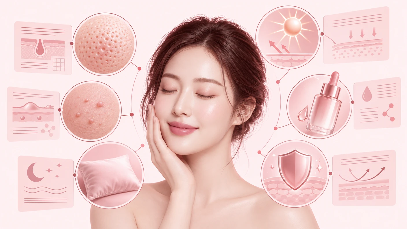 목동피부과 상담 전 반복되는 피부 고민이 피지, 염증, 자극, 생활 리듬 등 여러 원인과 겹쳐 있음을 보여주는 이미지