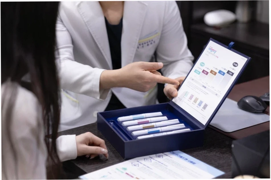 흰색 가운을 입은 상담자가 목동 피부과 환자에게 웨고비 펜 제품이 담긴 상자와 설명서를 보여주며 치료 방법에 대해 설명하는 모습.