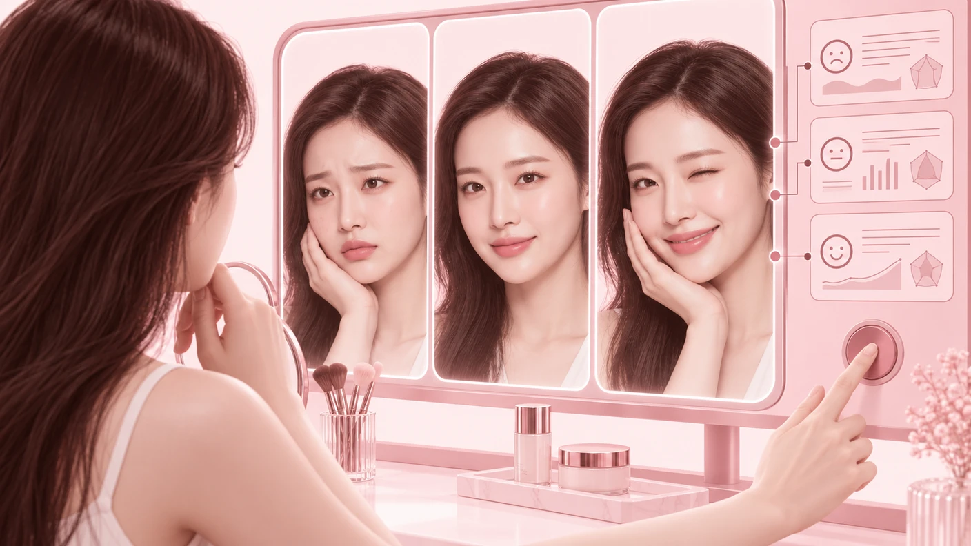 표정 변화와 무표정 상태를 함께 살피며 오목교 보톡스를 지금 고려할지 기다릴지 판단하는 장면