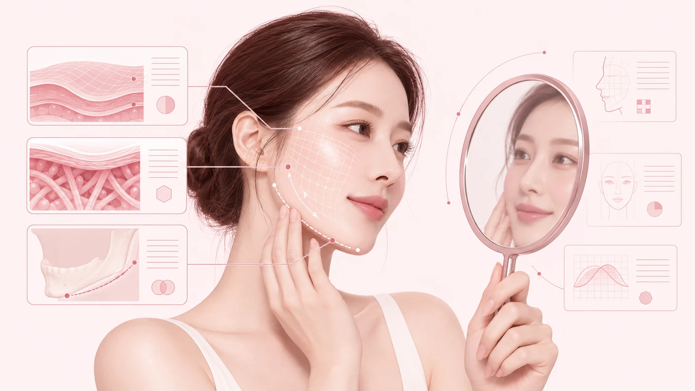 거울 앞에서 턱선과 피부층 변화를 살피는 장면으로 오목교역피부과 리프팅 상담 전 확인 기준을 표현