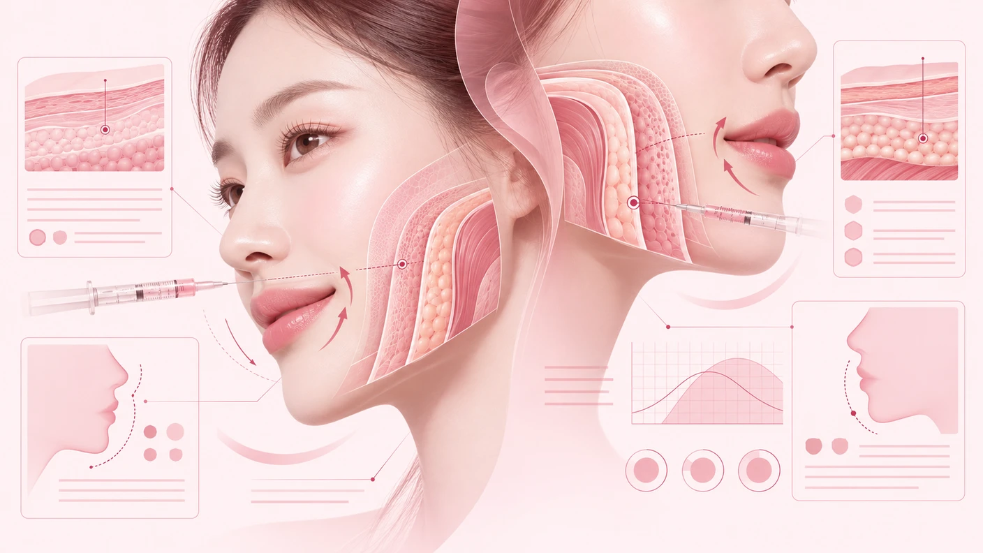 오목교 필러 결과가 피부 두께, 움직임, 꺼짐 깊이, 주입층에 따라 달라질 수 있음을 보여주는 개념 장면