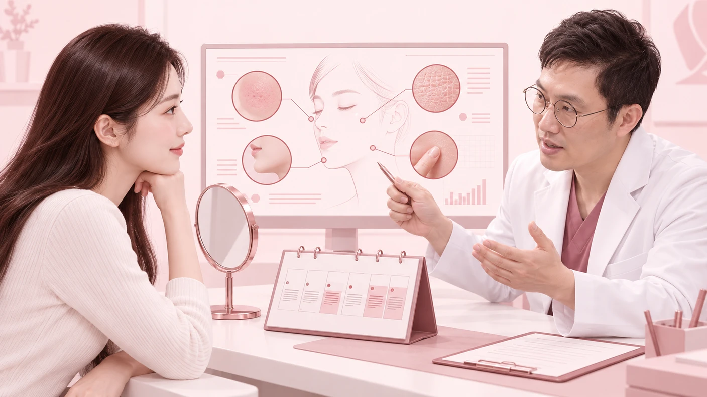 오목교 필러 전 멍과 붓기, 통증, 색 변화, 일정 여유를 함께 확인해야 하는 상황을 표현한 장면